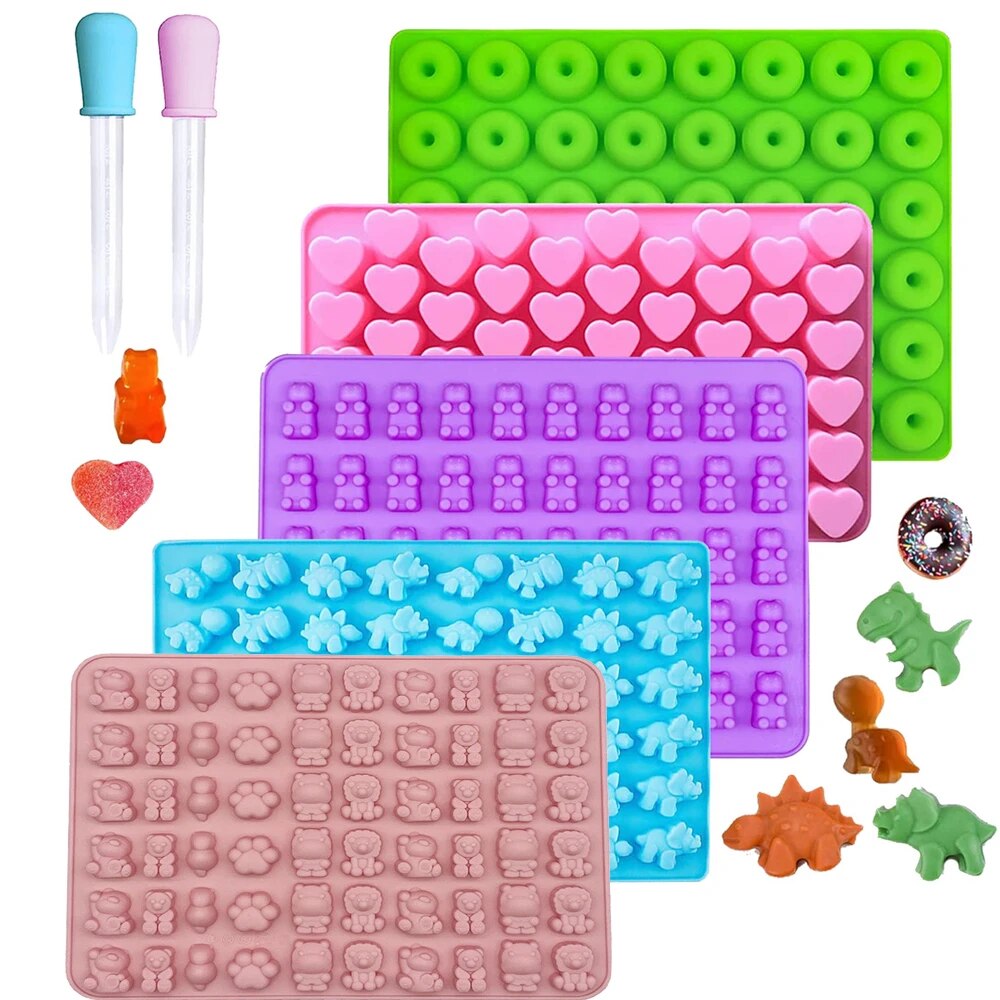 Gummy Candy - Gummy Bear แม่พิมพ์ซิลิโคนมินิช็อกโกแลตลูกอมแม่พิมพ์สําหรับเด็ก 2 Droppers รวมทั้งไดโนเสาร์หมีหัวใจ